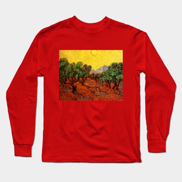 Olive Trees with Yellow Sky and Sun by Vincent van Gogh Long Sleeve T-Shirt by MasterpieceCafe